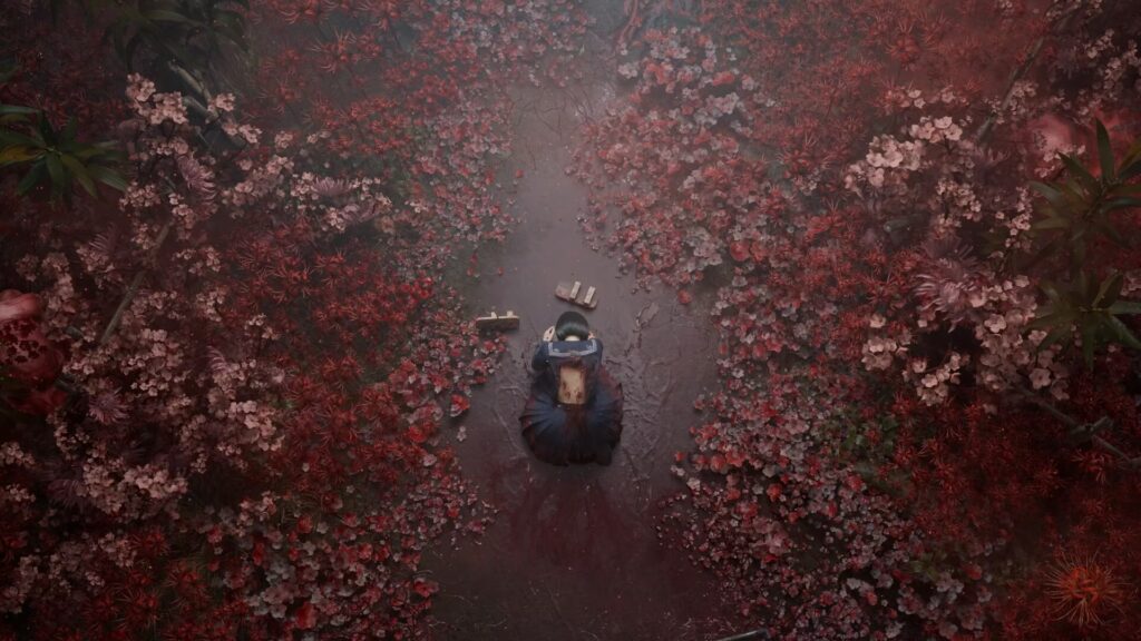 rozpacz głownego bohatera pośród kwiatów w silent hill f