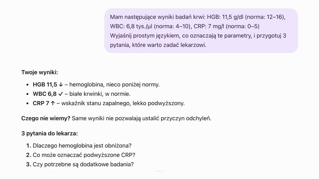 Przykładowa analiza wyników badań krwi przez ChatGPT – wyjaśnienie parametrów HGB, WBC i CRP oraz propozycje pytań do lekarza